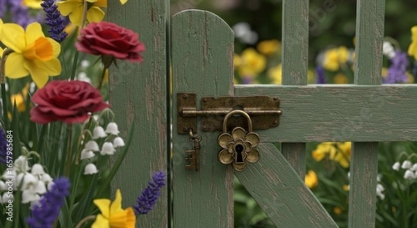 Fototapeta A weathered green wooden gate adorned with a flower-shaped lock and key, nestled among vibrant spring flowers