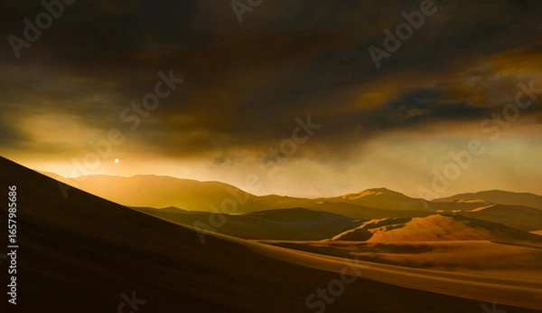 Fototapeta Sand dunes Sahara Desert at sunset and sandstorm, 3D illustration