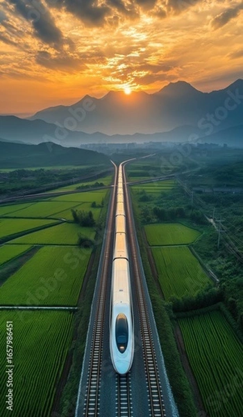 Fototapeta High-speed train gliding through lush green rice fields with mountain backdrop and sunset hues, capturing serene Chinese countryside at dusk