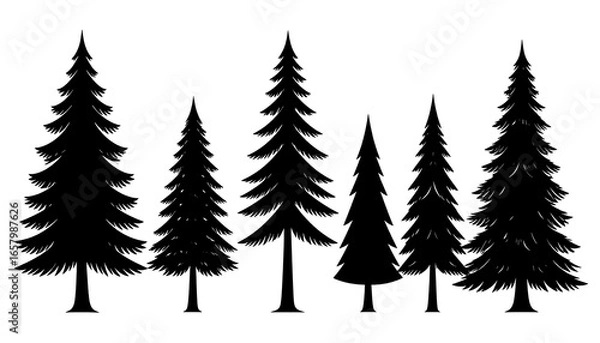 Obraz Silhouette Collection of Diverse Evergreen Pine Trees on White Background.