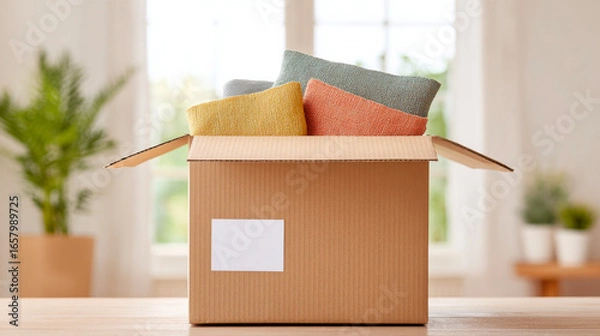 Fototapeta A cardboard box filled with colorful cushions and blankets, placed on a table against a blurred living room backdrop, featuring an empty label for text.