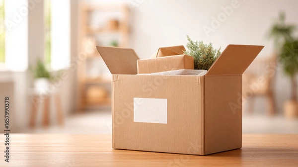 Fototapeta A cardboard box placed on a table against a blurred living room backdrop, featuring an empty label for text.