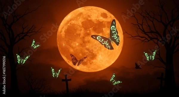 Fototapeta Skull-patterned glowing butterflies flying across the Halloween night sky, Orange full moon in the background
