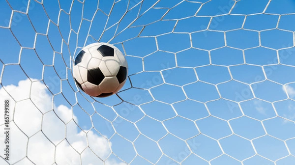 Fototapeta Soccer football in Goal net with the sky field.