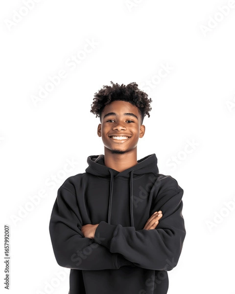 Fototapeta Smiling black teenage boy with arms crossed in a portrait