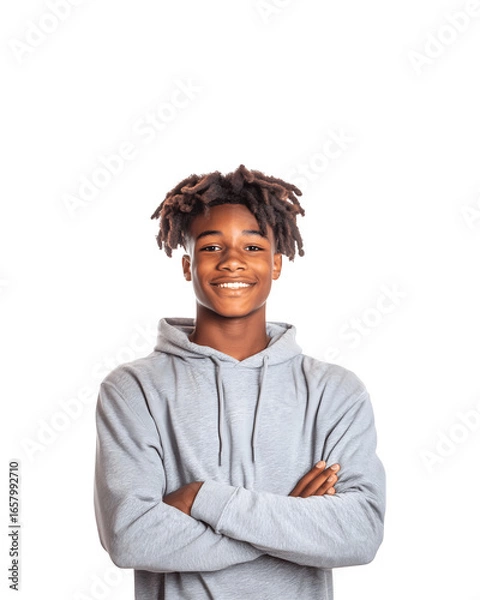 Fototapeta Smiling black teenage boy with arms crossed in a portrait