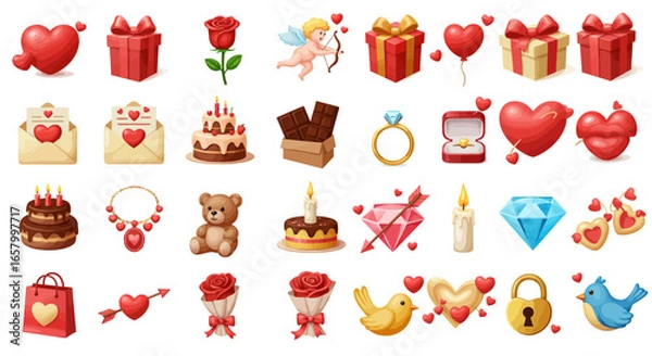 Fototapeta Unique Valentine 4D Vector Icons Set Realistic Glossy Metallic Cartoon Realistic and Crystal Styles