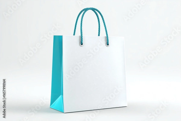 Fototapeta White shopping bag with blue handle on white background