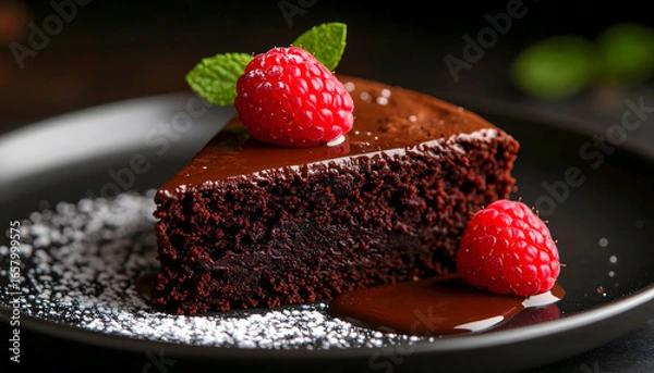 Fototapeta Decadent slice of rich flourless chocolate cake beautifully garnished with fresh raspberry and mint on a dark plate.