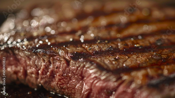 Fototapeta A close-up of a perfectly grilled medium-rare ribeye steak sizzling on the grill, showcasing mouthwatering details.
