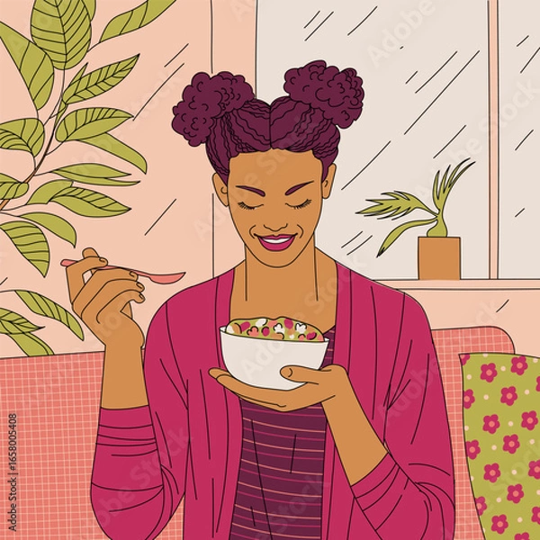 Fototapeta Dark-skinned woman sitting on sofa in room and eating healthy salad. Portrait of smiling young woman with bowl and spoon in hands. Healthy lifestyle concept. Colorful vector illustration in flat style