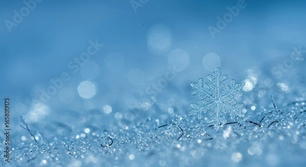 Fototapeta Macro shot of a delicate, intricate snowflake resting on a shimmering, frosted surface