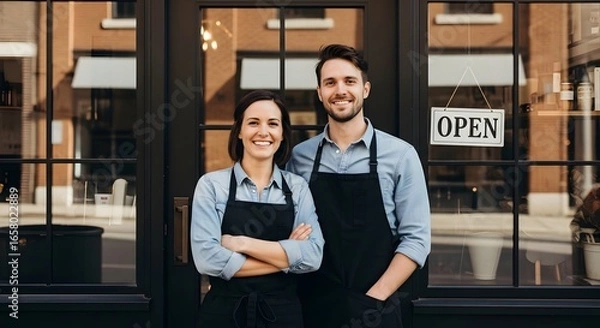 Fototapeta Confident small business owners standing in front of their shop, symbolizing entrepreneurship, teamwork, and a commitment to providing excellent service