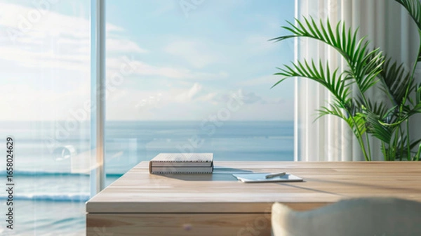 Fototapeta A minimalist desk overlooking the ocean, featuring stationery and a potted plant, creating a serene workspace that embodies tranquility and simplicity.