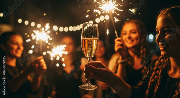 Obraz Group of women celebrating with sparklers and champagne in the dark at an outdoor event