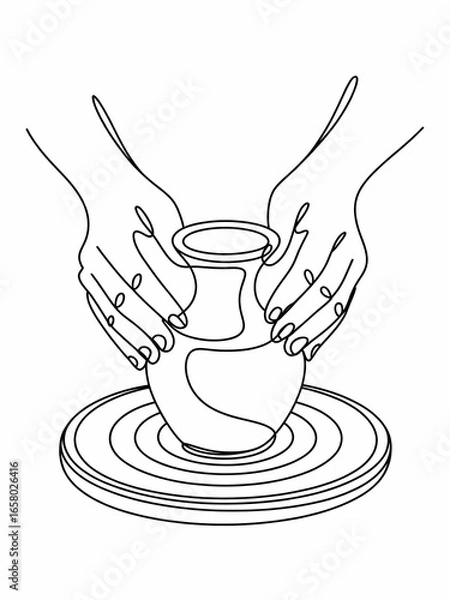 Fototapeta An Elegant Continuous Line Art Illustration of Hands Shaping Clay on a Potter's Wheel, Symbolizing Craftsmanship, Creativity, and Mindful Hobbies
