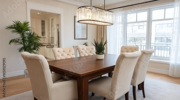 Fototapeta A stylish dining room featuring a wooden table, plush chairs, and large windows. The space is bright and inviting, perfect for gatherings.