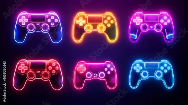 Obraz Neon video game icon control game vector illustration. light banner