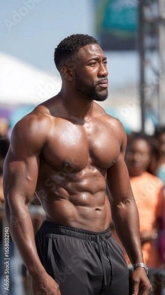 Fototapeta A fit man showcasing his physique at an outdoor fitness event, surrounded by an audience. The atmosphere is energetic and inspiring for fitness enthusiasts.