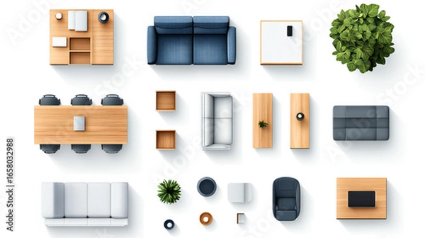 Obraz Office Furniture Top View Vector Elements Set. Kit for a workspace, apartment, house, or office plan. Interior icon collection. Plant, table, chair, and sofa. Symbol for the project or interior design