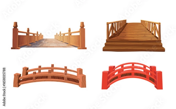 Fototapeta Set of bridges in perspective. Wooden bridge, stone bridge, Chinese bridge, Japanese bridge.Vector illustration of city street.