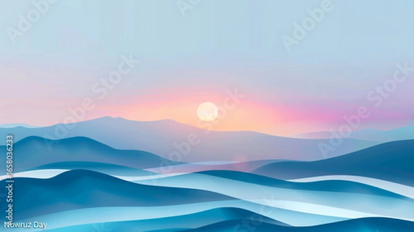 Fototapeta Sunrise over mountains, colorful Nowruz Day logo, minimal banner, pastel blue background, soft lighting, vector style, festive and serene