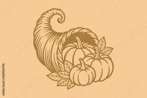 Fototapeta Vector illustration of a fall cornucopia decor with harvest pumpkins.