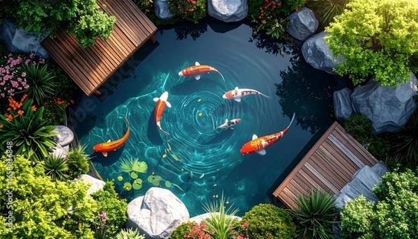 Obraz Zen garden with koi fish. Top-down view