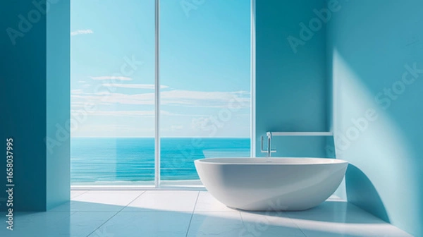Fototapeta Bright minimalist bathroom with freestanding bathtub and ocean view. Blue walls create a calm atmosphere.
