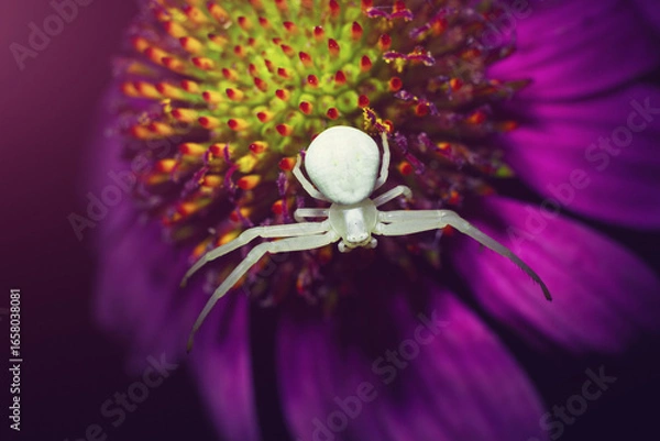 Fototapeta The macro photo with white crab spider on the violet coneflower.