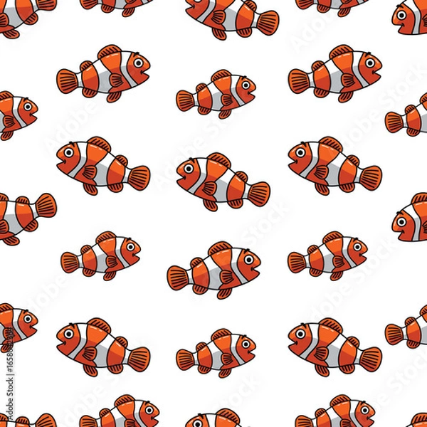 Fototapeta Seamless Vector Cartoon Hand Drawn Happy Clown Fish Pattern Design In White Background