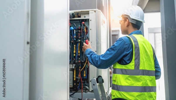 Fototapeta Professional technician checking a machine for air conditioning performance and maintenance in a clean indoor environment