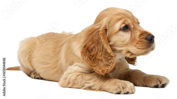 Obraz High-resolution studio photograph of a cute golden cocker spaniel puppy lying on its back, playful and happy expression with wide eyes and open mouth