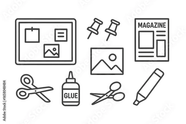 Fototapeta Vision board creation kit. Outline icons for goal setting, dreams, planning and motivation. DIY scrapbooking and moodboard vector set with corkboard, pushpins, photo, magazine.