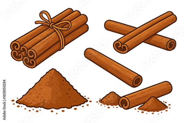 Fototapeta Cinnamon sticks and powder vector illustration set. Collection of cartoon spice icons for cooking and baking. Ground cinnamon pile, bundled sticks. Aromatic culinary ingredient.