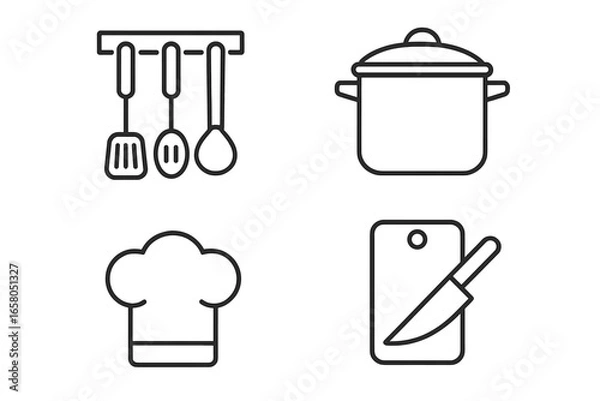 Fototapeta Cooking and kitchen outline icons set. Vector collection of culinary symbols. Chef hat, pot, pan, kitchenware tools, utensils, spatula, knife and cutting board elements.