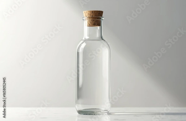 Fototapeta Clear glass water bottle with cork lid, minimalist design. Reusable container for healthy hydration. Eco-friendly beverage storage solution. Perfect for branding and product shots.