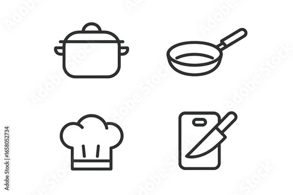Fototapeta Kitchen essentials line icons set. Cooking and culinary symbols for gastronomy. Vector outline of pot, pan, chef hat, knife and cutting board for restaurant or cafe menu design.