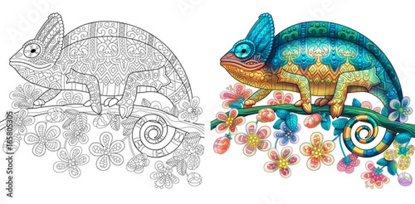 Obraz Kolorowanki jaszczurka kameleon. Bezbarwne i kolorowe próbki okładki książki. Rysunek odręczny szkic do kolorowania antystresowego dla dorosłych z elementami doodle i zentangle.