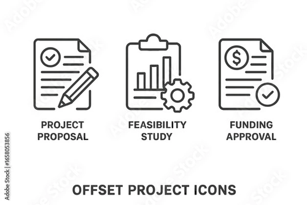 Fototapeta Project management icons for offset project lifecycle stages. Includes project proposal, feasibility study, funding approval. Outline vector set for business and finance concepts.