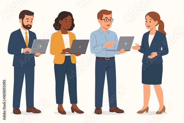 Fototapeta Business people with laptops collection. Set of diverse office workers standing, holding computers, talking and working. Professional team collaboration. Flat vector characters.