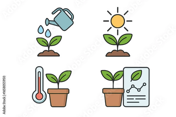 Fototapeta Plant care icon set. Gardening and agriculture symbols. Sprout growth concept with watering can, sun, temperature, and data graph. Vector cartoon illustration collection.