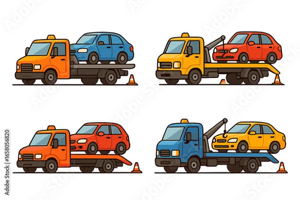 Fototapeta Tow trucks transporting vehicles at roadside assistance scene during daytime, cartoon vector illustration set showing vehicle rescue, emergency service, and towing operation on transparent background