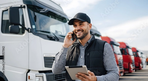 Fototapeta Truck Driver Communicating While Holding Tablet in Front of Fleet Trucks