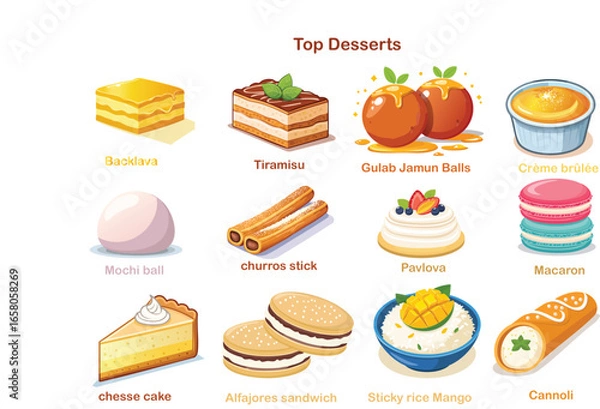 Fototapeta A colorful illustration showcasing a variety of popular desserts, each with a label.