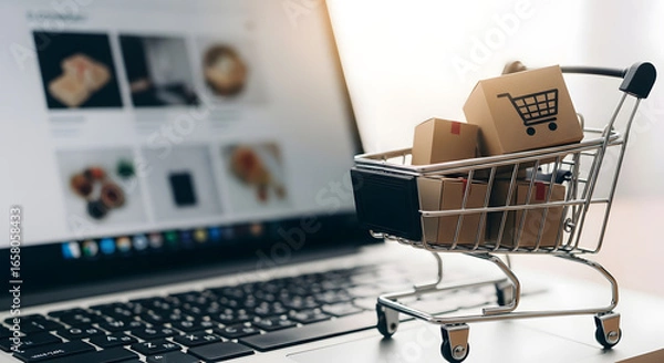 Fototapeta Online Shopping Laptop Displaying Products with a Miniature Cart Full of Packages