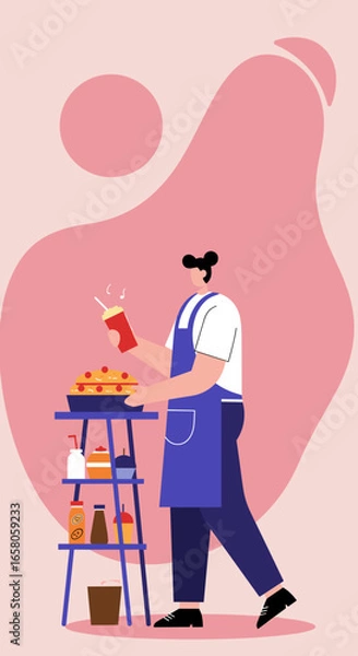 Fototapeta Flat illustration of a food vendor or chef serving delicious street food and drinks, ideal for casual dining, take-out, or small business concepts.