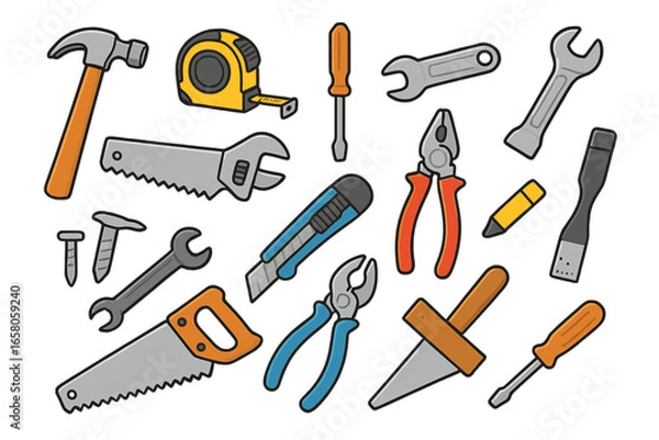 Fototapeta Hand Tools Vector Set for DIY and Home Improvement Projects. Cartoon Construction Tools and Hardware Essentials. Repair Equipment, Maintenance Instruments, Workshop Supplies, Isolated Illustration