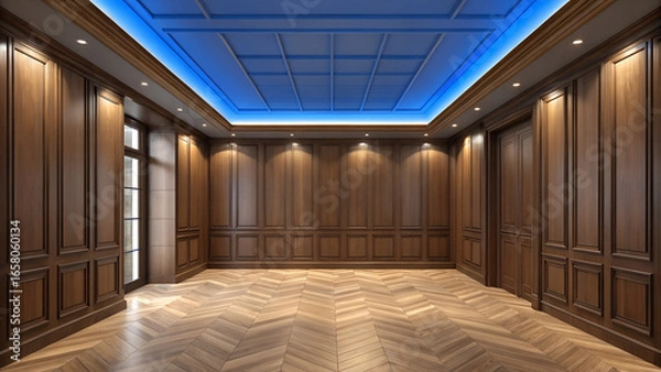 Obraz An empty room with wood paneling walls and herringbone flooring with blue led ceiling lighting