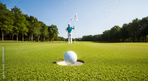 Fototapeta Golf Ball Near Hole with Blurred Golfer A Day on the Green Course Adventure
